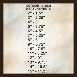 May include: A beige background with a dark brown border displays a list of measurements. The text reads "OUTSIDE - INSIDE MEASUREMENTS" followed by a series of inch measurements, ranging from 2" to 15". The inside measurements are also listed.