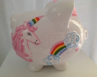 Personalized Large Piggy bank Unicorn and Rainbow Heart -Baby Girl's 1st Christmas, Flower Girl Christening, Baptism, Birthday, Newborn Gift