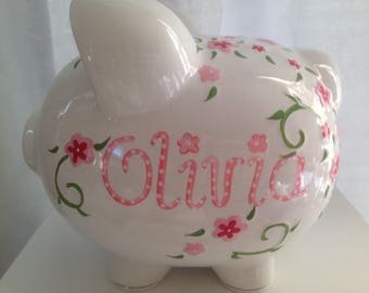 Personalized Large Piggy bank Pink flowers, Shabby Chic -Baby Girl's 1st Christmas, Flower Girl Christening, Baptism, Birthday, Newborn Gift