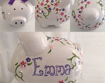 Personalized Large Piggy bank Pink Purple flowers,Shabby Chic-Baby Girl's 1st Christmas,Flower Girl Christening, Birthday, Newborn Gift