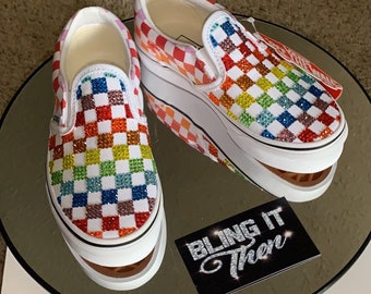 slip on rainbow checkered vans