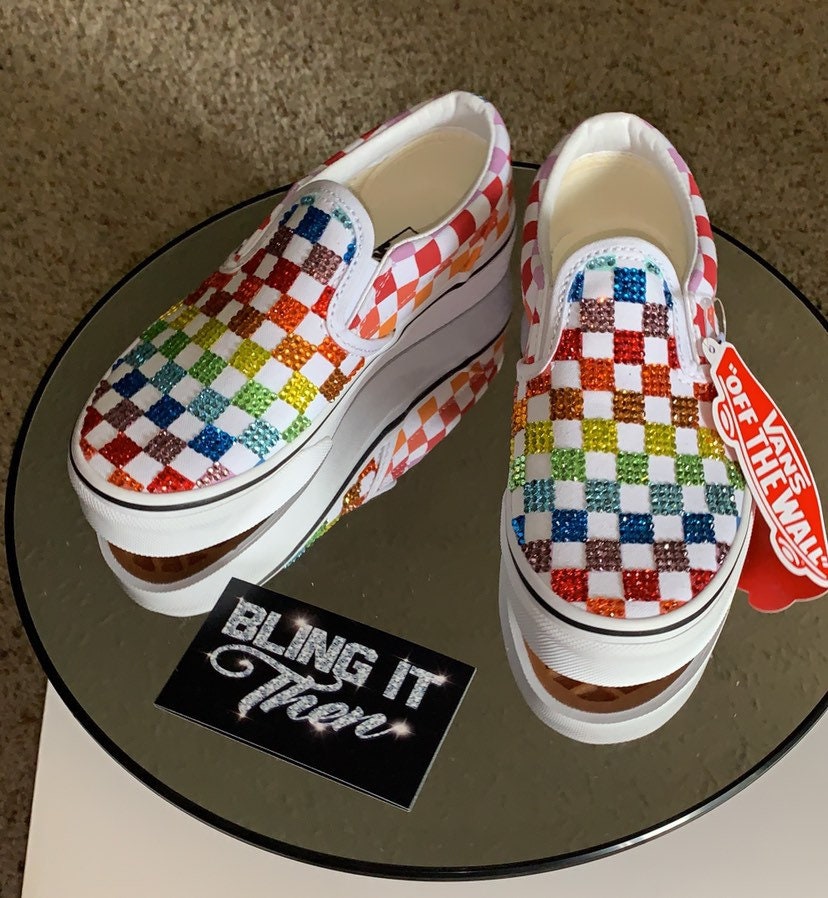 slip on rainbow checkered vans