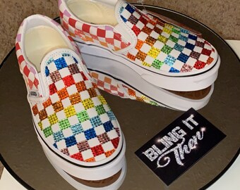 slip on rainbow checkered vans