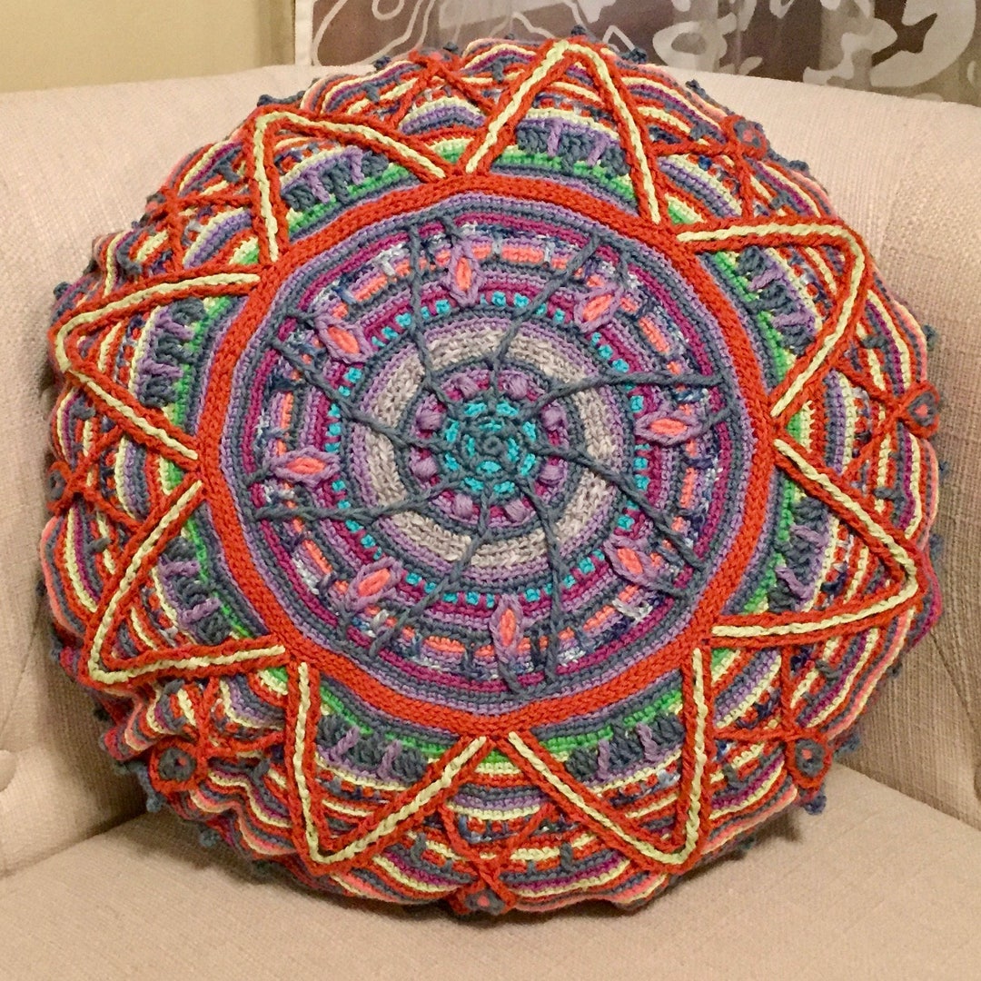 Hand Crocheted Mandala Pillow – Round Decorative Cotton Throw - Etsy