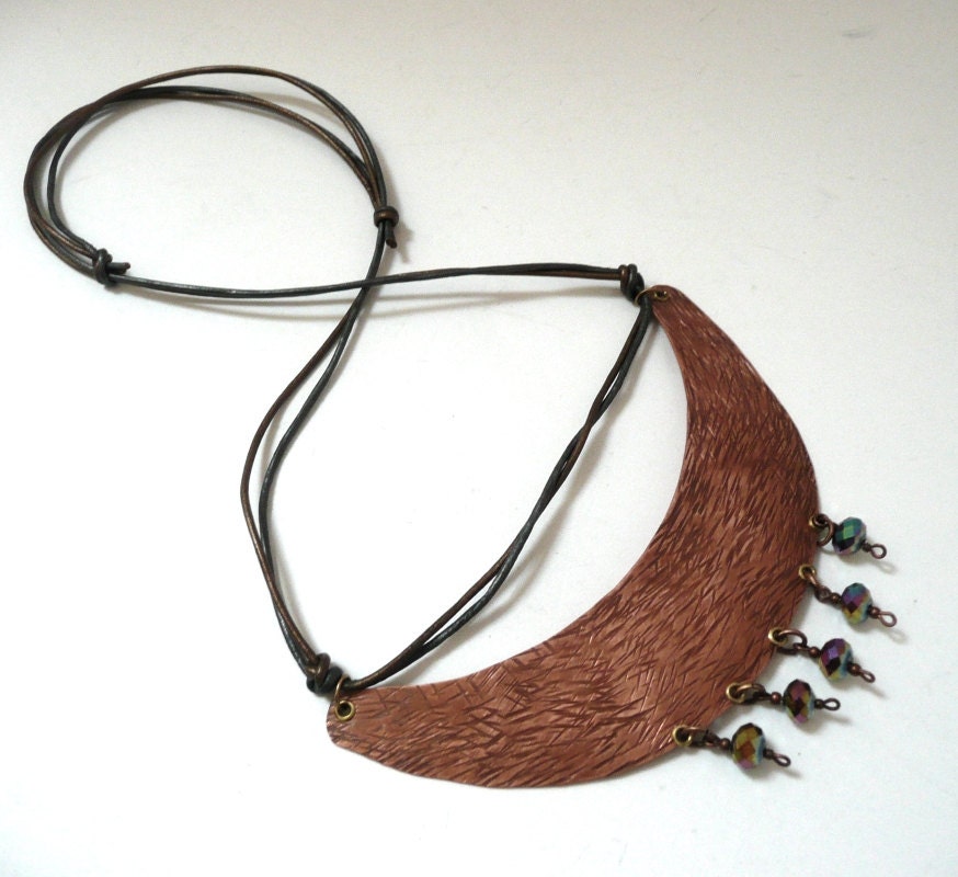 Hammered Copper Crescent Necklace With Czech Fire-Polished