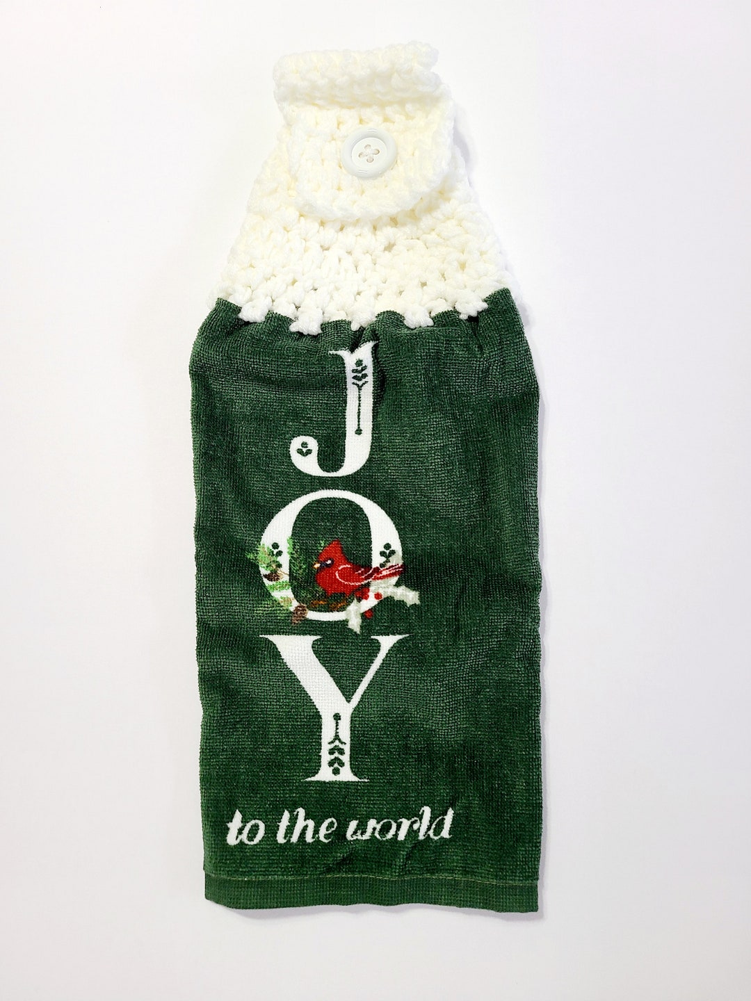 Joy Christmas Crochet Topped Towel, Christmas Hanging Towel, Double