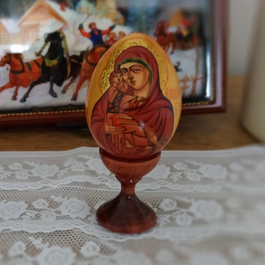 Œuf Icône sur Socle Russe Orthodoxe Vierge Marie de Vladimir Vladimirskaya