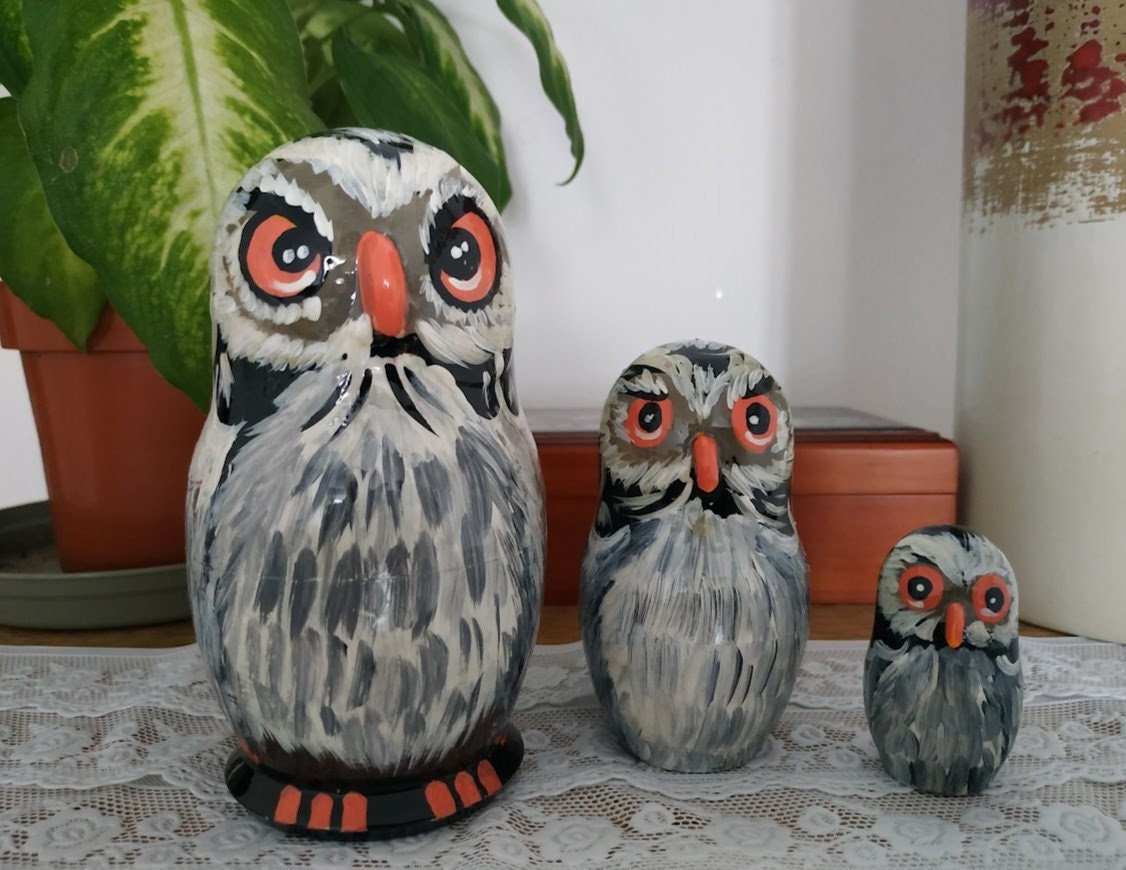 Matriochka Hiboux Chouettes 12, 5 cm 3 Pièces Poupée Russe Gigogne, Nesting Dolls, Russian Doll