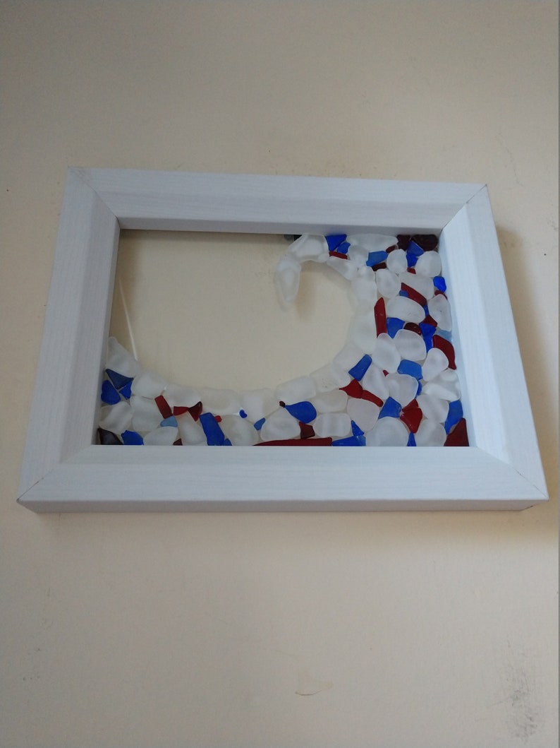 Red Framed Sea Glass Wave White and Blue