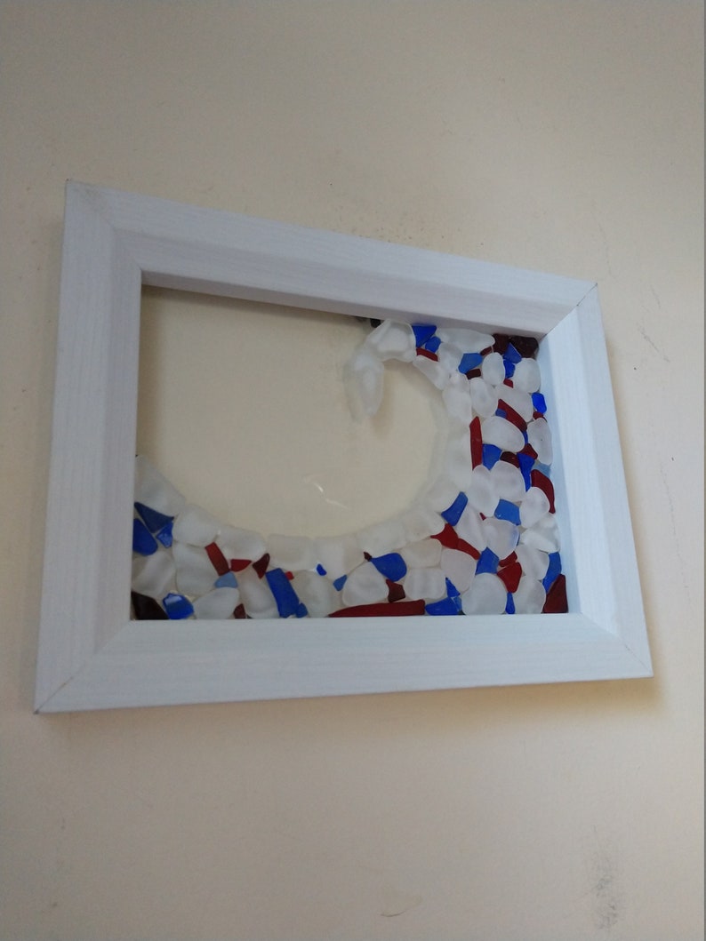 Red Framed Sea Glass Wave White and Blue