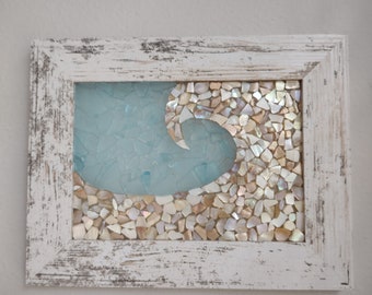 Framed Mother of Pearl Wave with Aqua Sea Glass
