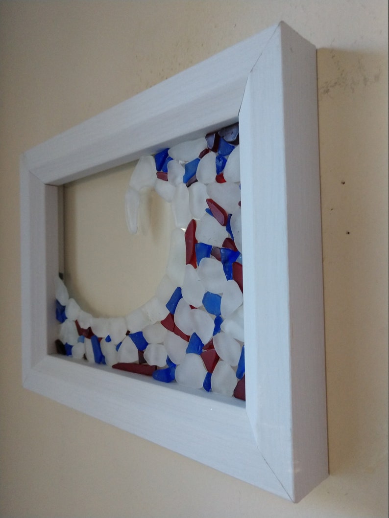 Red Framed Sea Glass Wave White and Blue