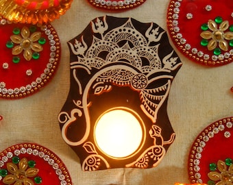 Lord Ganesha wooden candle holder, Diwali gift for him or her, Ganesh Chathurthi diya from India, traditional wooden tea light candle holder