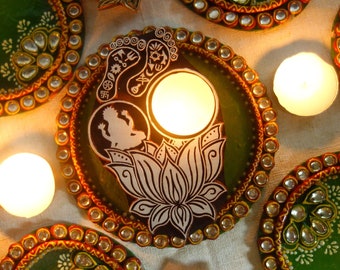 Diwali candle holder diya from India, Maa Lakshmi gift for him her, goddesses lakshmi wooden candle holder, ethnic, eco friendly