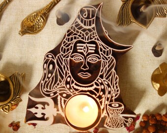 Lord Shiva Indian candle holder for diwali, shivratri, handmade eco friendly wooden gift for him her, unique, one of kind, hand carved