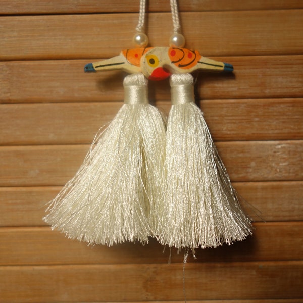 White colour long thread fringes tassels from India, made with wooden parrot for sari blouse, Indian wedding decor, jewellery making