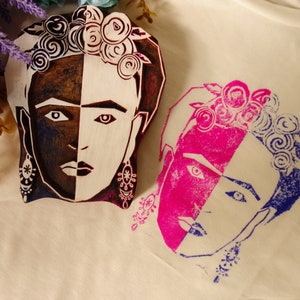 Timbre de bloc en bois Frida Kahlo Frida Kahlo motif tissu imprimé cadeau de mode minimaliste pour son timbre textile grand artisanat durable en bois