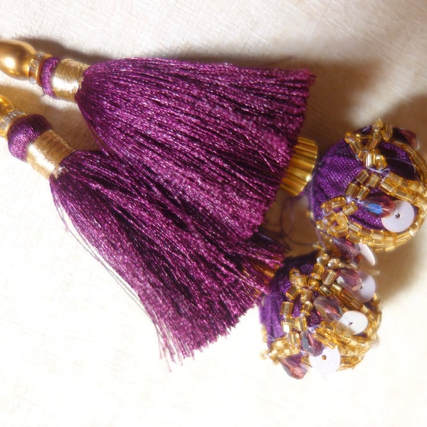 Dark purple colour long fringes tassels made of silk thread and cut dana and sequins work - violet color Indian Latkans