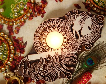 Lord Krishna pattern candle holder, janmashtmi krishna birthday wooden tea light candle holder, radha rani design, Gift for Krishan bhakt r