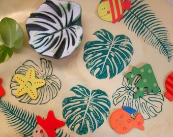 Monstera Leaf block printing stamp, wooden block stamp for textile ceramic print custom design stamp for textile, tropical leaf print fabric