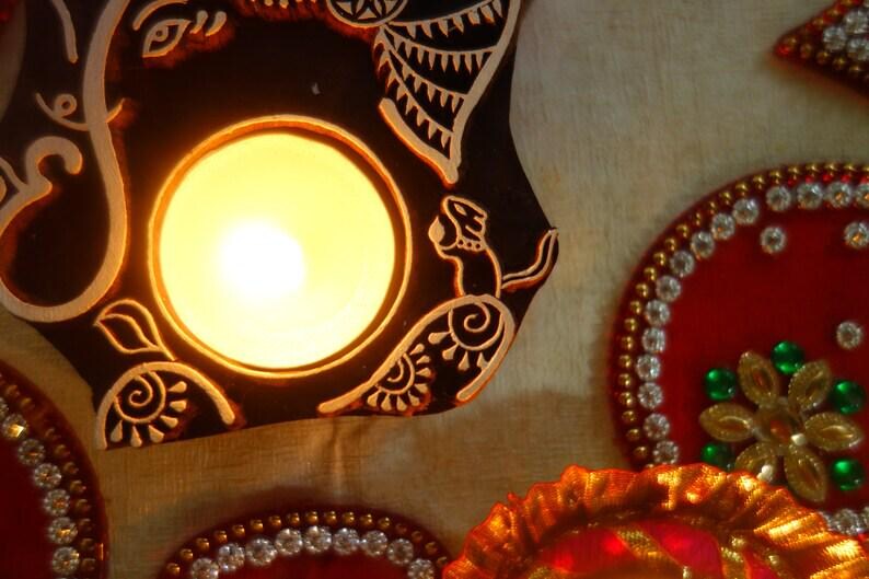 Wooden Deity Candle Holder Diya, Hand Carved Sacred Altar Votive, Pooja Room Decor, Spiritual Housewarming Gift image 7