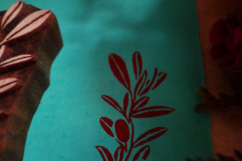 Puede incluir: Un sello de madera marr&oacute;n oscuro con un patr&oacute;n de hojas tallado junto a una superficie de papel color verde azulado con un dise&ntilde;o estampado en tinta roja de una rama frondosa con un fruto ovalado, mostrando la impresi&oacute;n clara del sello.