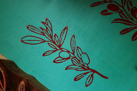 Olive branch textile stamp, Indian wooden block stamp of olive leaf, leaf pattern for fabric, paper, ceramics, 4 inch long, custom size