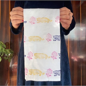 Animal print Flour Sack Kitchen Towel Wooden Block Printed tea towel 100% organic cotton Table Napkin, Hand Painted dish towel Kitchen Decor