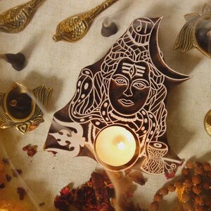 Wooden Deity Candle Holder Diya, Hand Carved Sacred Altar Votive, Pooja Room Decor, Spiritual Housewarming Gift Lord Shiva