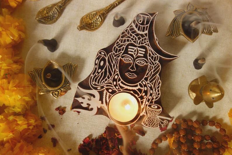 Wooden Deity Candle Holder Diya, Hand Carved Sacred Altar Votive, Pooja Room Decor, Spiritual Housewarming Gift Lord Shiva