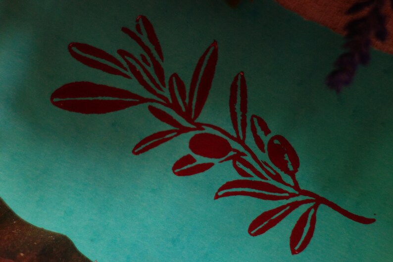 Puede incluir: Una superficie de color verde azulado vibrante presenta un gr&aacute;fico serigrafiado de color rojo oscuro de una rama de olivo. El dise&ntilde;o muestra hojas detalladas y dos peque&ntilde;as aceitunas dispuestas a lo largo de un tallo central con contraste.