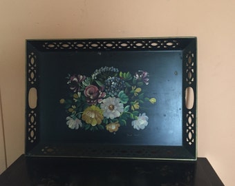 Large Mid Century Tole Serving Tray/ Decorative Rectangular Tray with Handpainted Artist Signed Floral Design/ Nashco Products/Inv.#1715