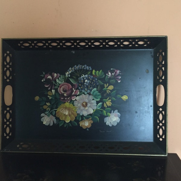 Large Mid Century Tole Serving Tray/ Decorative Rectangular Tray with Handpainted Artist Signed Floral Design/ Nashco Products/Inv.#1715