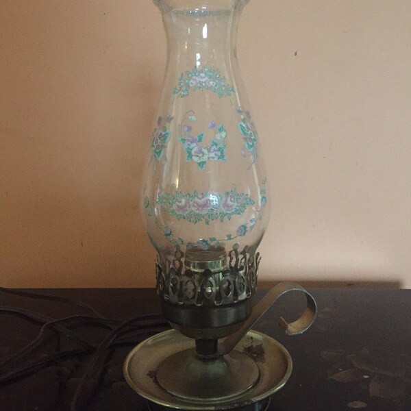 Vintage Finger Hold Lamp With Glass Chimney Style Globe with Floral Design and Brass Tone Bottom/ Old Electric Accent Lamp/Rustic /Inv.#1734