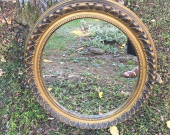 Vintage Oval Shaped Decorative Plastic Frame Wall Hanging Mirror/ Bronze Tone Frame Ival Mirror/ Large Wall Hanging Mirror/ Inv.#1480