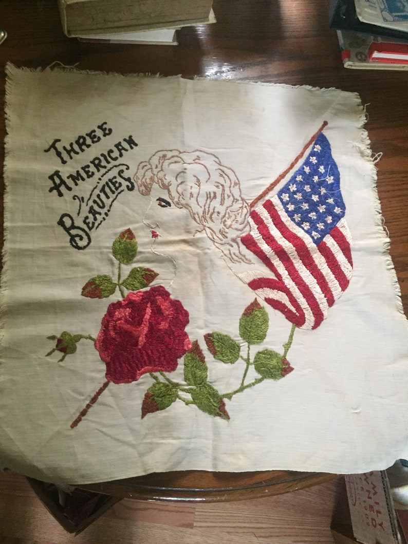 Antique Embroidery Patriotic Embroidery 1820’s/ 24 Star American flag Embroidery Picture/Three shops American Beauities/ Inv.#1560