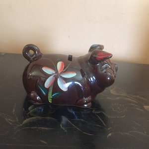 Vintage Small Pig Coin Bank/ Terra Cotta Piggy Bank/ Brown Piggy Bank with Painted Floral Design/ Inv.#1542