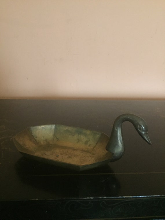 Vintage Solid Brass Swan Trinket Dish/ Mid Centur… - image 1