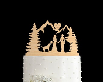 Lesbian wedding cake topper, Lesbian cake topper with dog, Mrs Mrs cake topper, Lesbian wedding mountain cake topper, Two brides topper,29