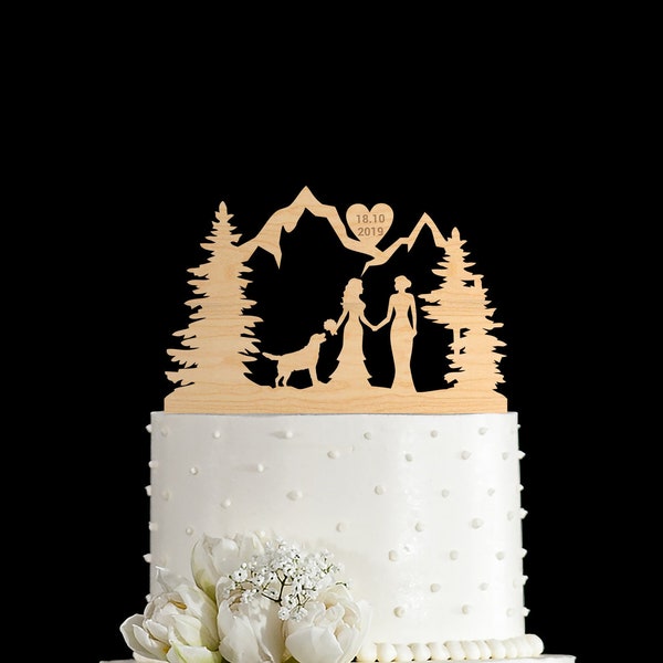 Lesbian wedding cake topper, Lesbian cake topper with dog, Mrs Mrs cake topper, Lesbian wedding mountain cake topper, Two brides topper,29