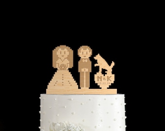 8 bit wedding cake topper, Mr and Mrs 8 bit cake topper, Game video 8 bit wedding cake topper, Gamer wedding cake topper with dog, 213