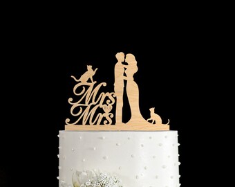 Lesbian wedding cake topper, Two brides cake topper, Cat wedding cake topper, Lesbian cake topper with cats, Mrs and Mrs cake topper, 82