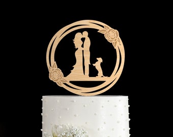 Dachshund Cake Topper, Boho Floral Wedding Cake Topper with Dog, Wreath Cake Topper with Dog, Dachshund Wedding Cake Topper, 865
