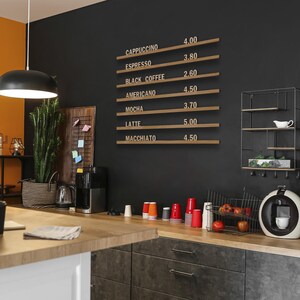 Quadro de letras alterável, menu de parede, quadro de letras, menu de bar, menu montado na parede, trilhos e letras, trilhos de madeira para café, quadro de menu de parede