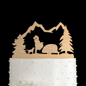 Adventure Awaits cake topper,Happy camper,dog wedding cake topper,Mountain wedding cake topper,golden retriever cake,Camping cake topper,155