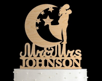 Moon and stars cake topper,Last name topper,mr mrs topper,Moon wedding cake topper,Moon cake topper,star cake topper,mr mrs cake topper,85