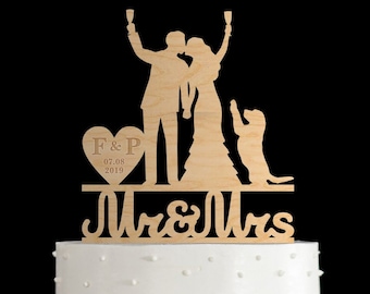 Bride and groom cake topper,golden retriever cake topper,wedding cake topper with dog,dog wedding cake topper,mr and mrs with dog topper,167