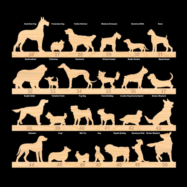 May include: A set of 50 wooden dog breed silhouettes, each numbered and labelled with the breed name. The silhouettes are cut out of light brown wood and arranged in rows.