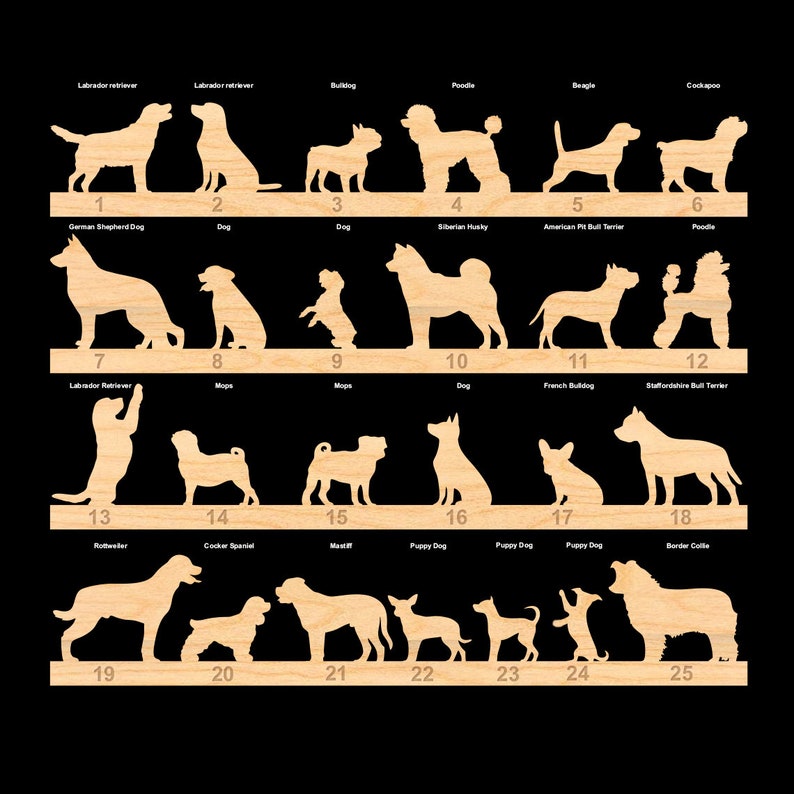 May include: A set of 25 wooden dog breed silhouettes, each numbered and labelled with the breed name. The silhouettes are cut out of light brown wood and are arranged in rows of five.