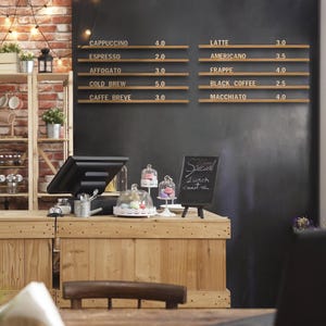 Cardápio de parede, quadro de letras, cardápio de parede de café, quadro de letras alterável, cardápio de bar, trilhos de menu montados na parede, trilhos de madeira para café, quadro de menu